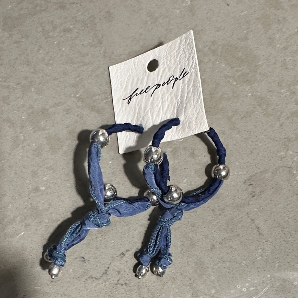 Free People Navy & Light Blue Fabric Hoop Earrings with Silver Beads